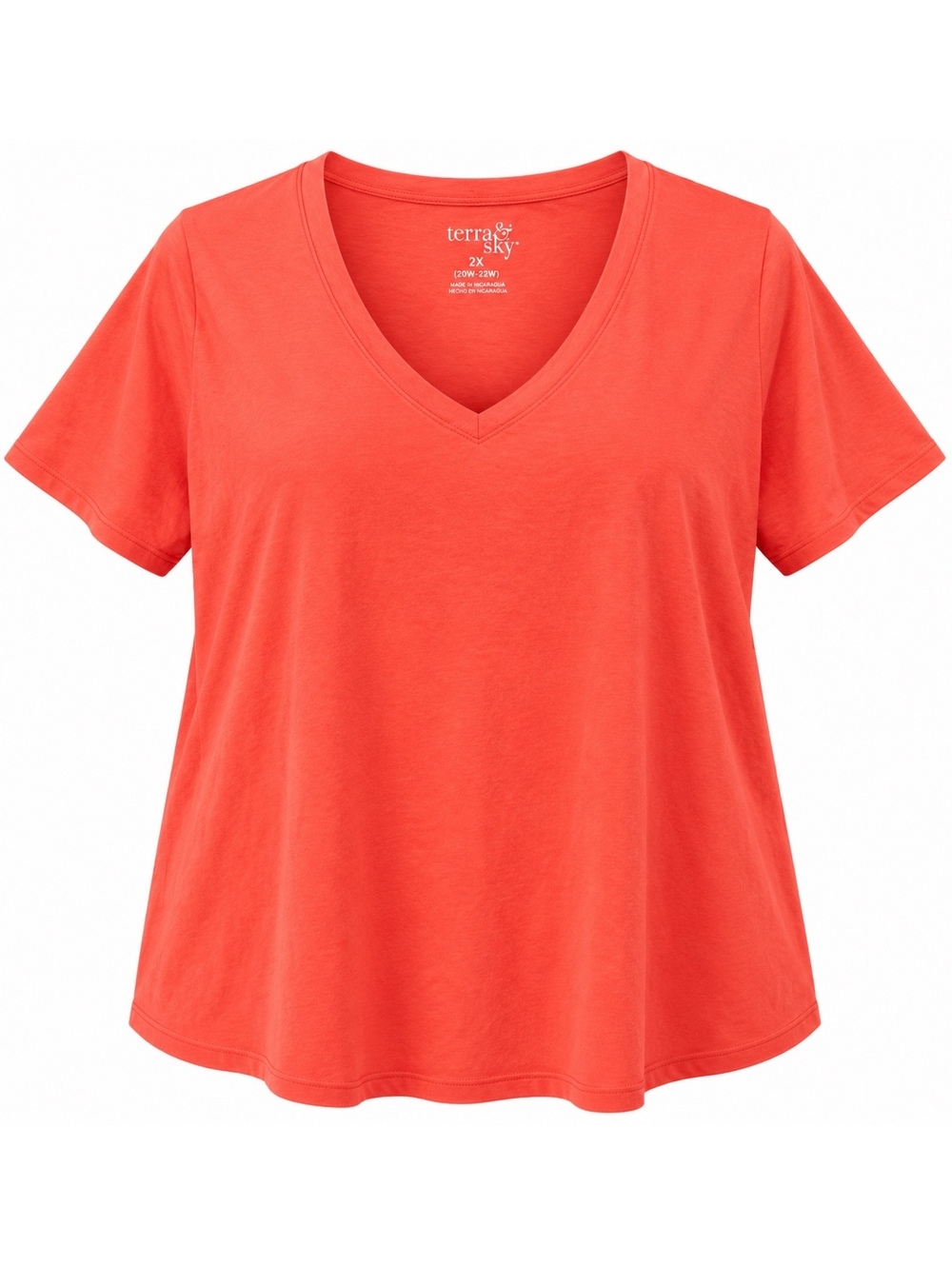Terra & Sky Women’s 2X Coral Orange V-Neck Short Sleeve T-Shirt Plus Size
